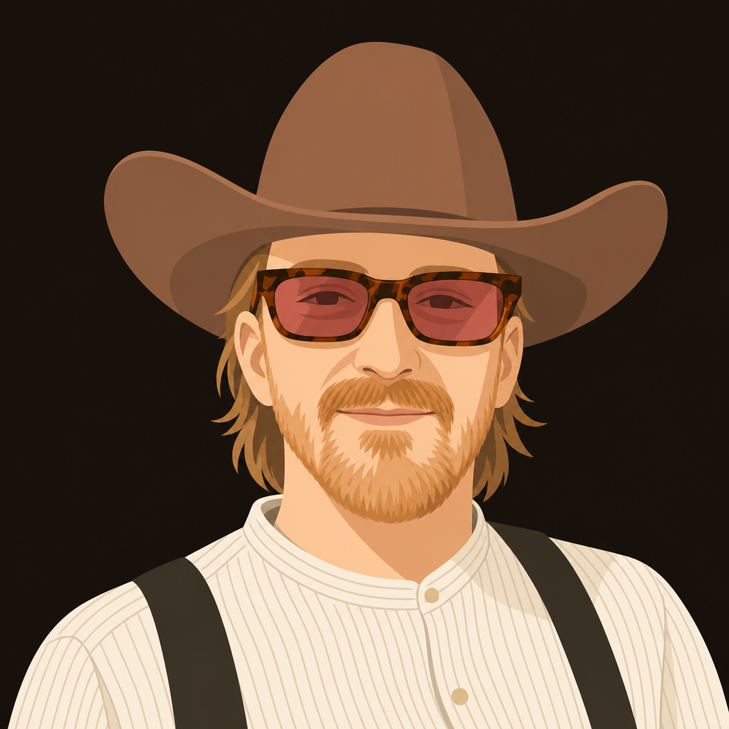 Illustrated portrait of Bean, a mustached grower in a wide-brim hat and tinted sunglasses